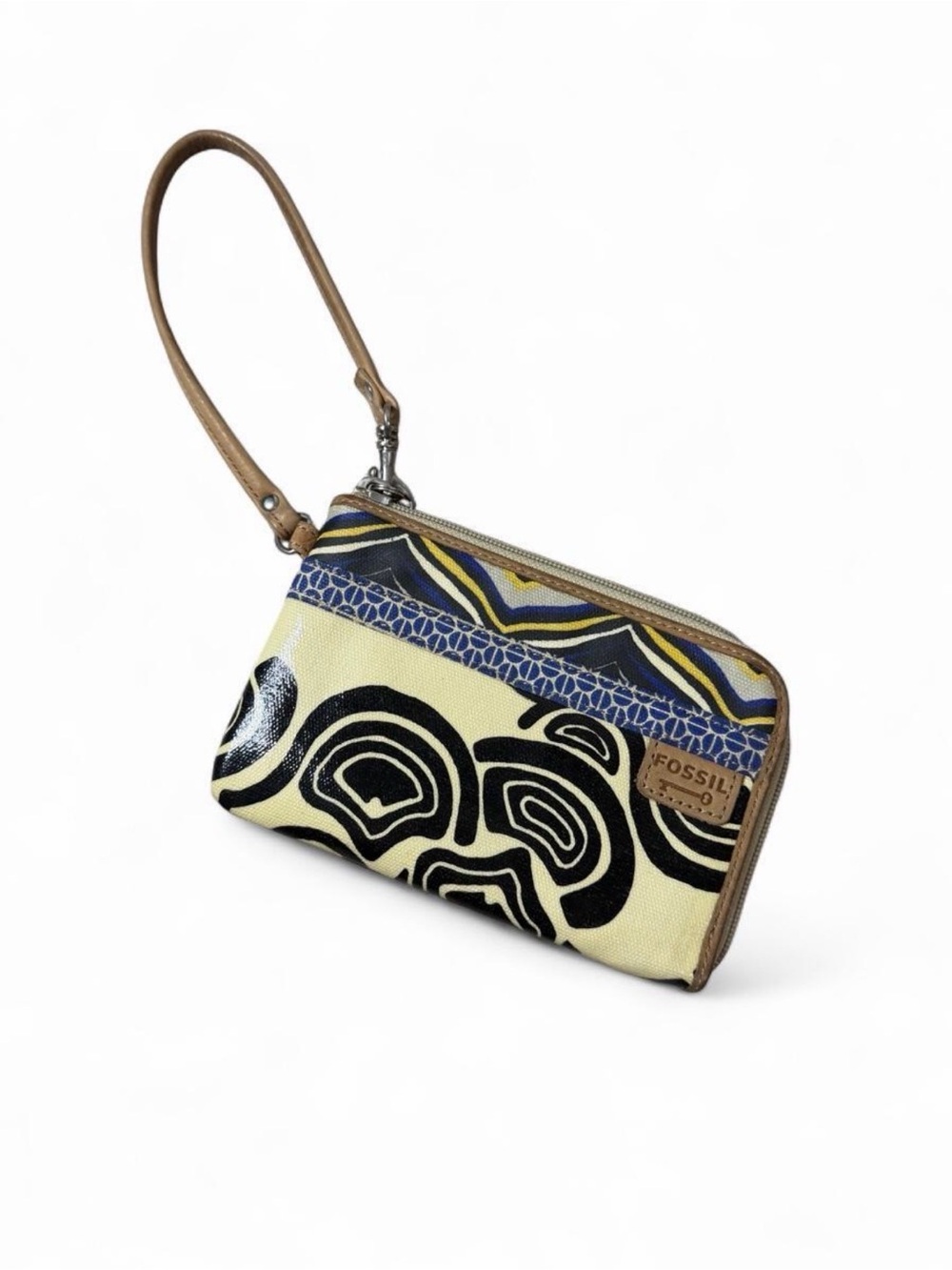 Fossil Key-Per Wristlet Wallet Canvas Leather Multicolor Print Zip Clutch Y2K